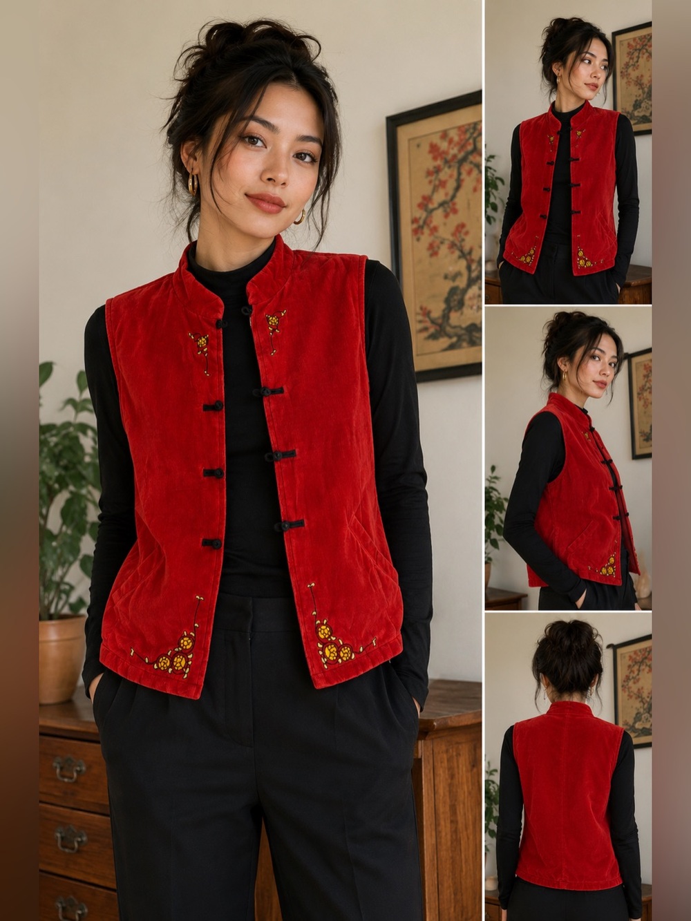 Zitengluo embroidered Red Velvet Vest  Mandarin Collar 165/88A Medium Vintage